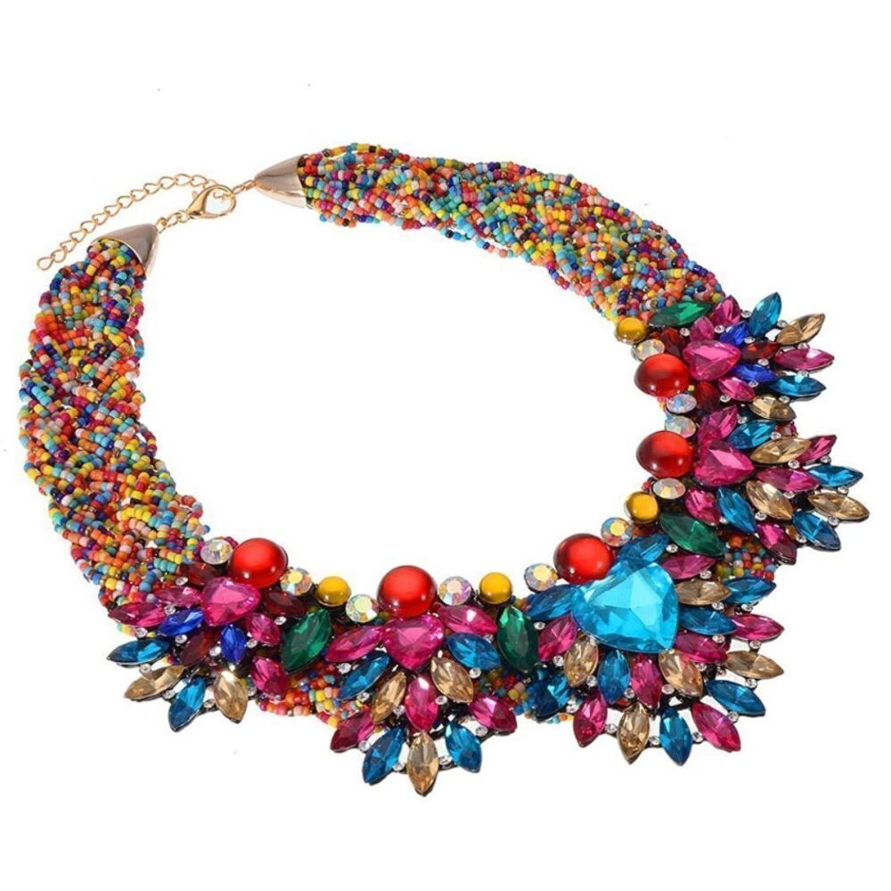 Yellow Gold with Multicolor Cubic Zirconia and Beaded Chunky Collar Bib Necklace
